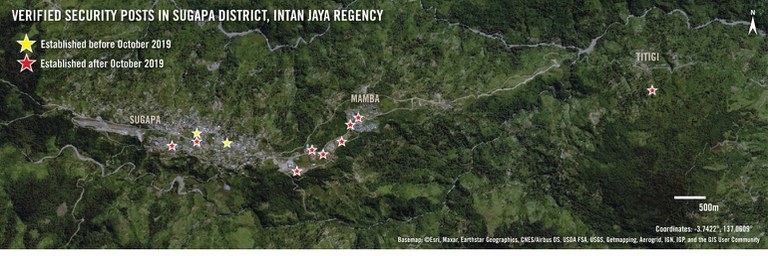 Map yang menunjukkan lokasi 11 pos keamanan - sebagian besar didirikan setelah Oktober 2019, di distrik Sugapa, kabupaten Intan Jaya, Papua. [Handout dari Amnesty International]