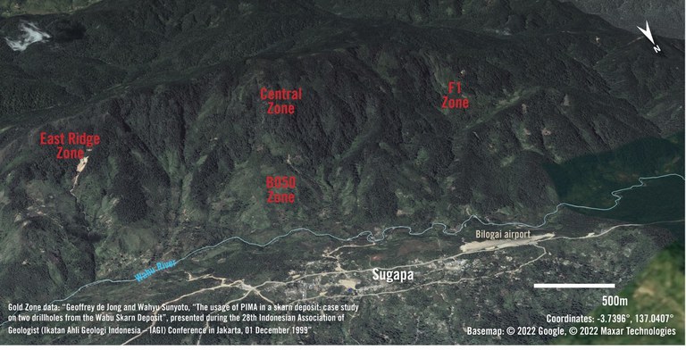 Citra satelit menunjukkan lokasi empat zona yang mengandung sumber daya emas di Blok Wabu, Kabupaten Intan Jaya, Papua.[Handout dari Amnesty International]