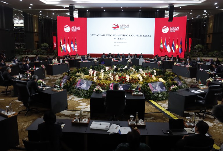 Para Menteri Luar Negeri ASEAN minus perwakilan dari Myanmar menghadiri acara Dewan Koordinasi ASEAN di Jakarta, 3 Februari 2023. [Eko Siswono Toyudho/BenarNews]