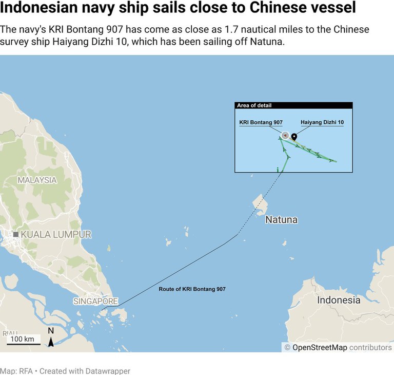 Catatan pelacakan yang dianalisis oleh BenarNews menunjukkan KRI Bontang berlayar mendekati Haiyang Dizhi 10, dan berada pada satu titik berjarak hanya 1,7 mil laut dari kapal survei China itu.