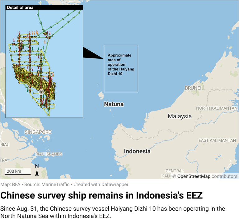 Grafik yang memperlihatkan kapal survei China berada di Zona Ekonomi Eksklusif Indonesia.