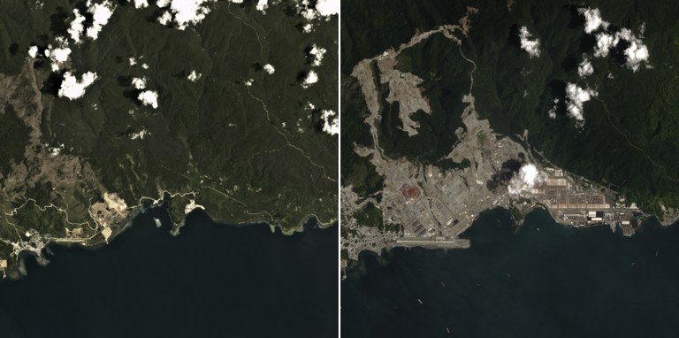 Citra satelit yang disediakan oleh Planet Labs PBC ini menunjukkan perbandingan kelebatan hutan di wilayah Lelilef Sawai, Halmahera Tengah, Provinsi Maluku Utara, antara tahun 2016 (kiri) dan 2024 (kanan) setelah terjadi deforestasi untuk pembangunan industri nikel di area tersebut. [Planet Labs PBC via AP]