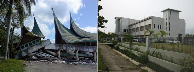 Gedung Pekerjaan Umum yang berada di Jl. Khatib Sulaiman, 30 September 2009, dan sekarang, 29 September 2015. (BeritaBenar)