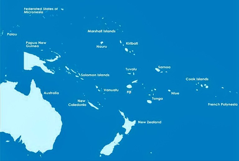 Peta kawasan Pasifik dalam dokumen “Strategi 2050 untuk Benua Pasifik Biru”, yang dirilis oleh Sekretariat Forum Kepulauan Pasifik pada Juli 2022, memotong bagian dari pulau New Guinea yang menjadi wilayah Indonesia. [Diunduh dari situs web Pacific Islands Forum Secretariat]