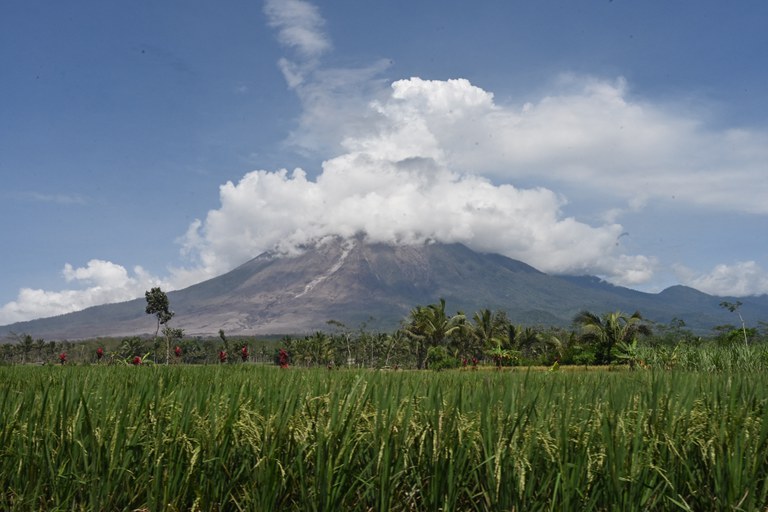 Gunung Semeru terlihat dari desa Curah Kobokan di Lumajang, Jawa Timur, pada Selasa, 7 Desember 2021, tampak tenang dengan cuaca cerah setelah tiga hari sebelumnya meletus dan mengeluarkan awan panas yang menyebabkan sejumlah wilayah di sekitarnya gelap gulita dan 34 orang tercatat tewas hingga saat ini. [AFP]