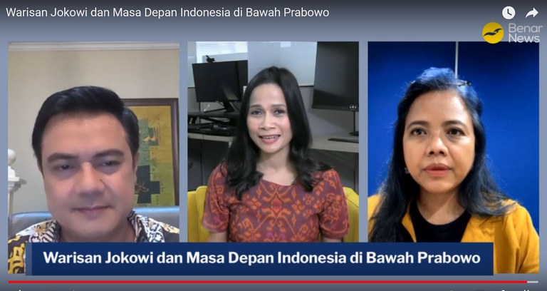 Dari kiri, Firman Noor - pakar politik dari Badan Riset dan Inovasi Nasional (BRIN), jurnalis BenarNews - Ika Inggas (tengah) dan Bivitri Susanti - pakar hukum tata negara dari Sekolah Tinggi Hukum Indonesia Jentera, dalam diskusi daring Bincang BenarNews, pada Kamis, 17 Oktober 2024. [Foto: BenarNews]