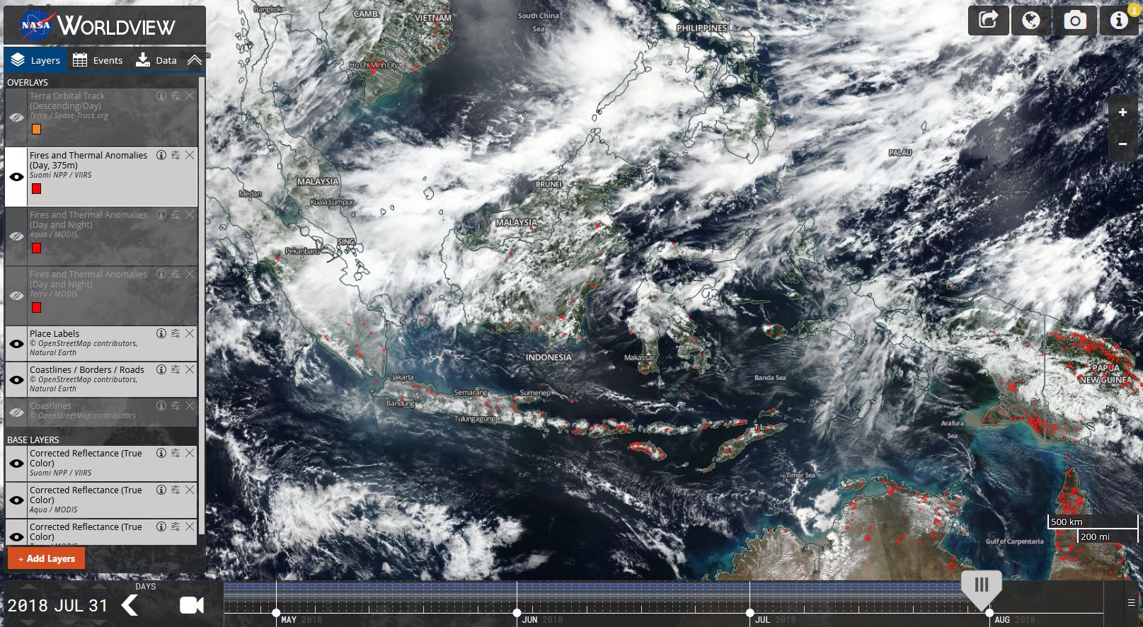 Citra satelit NASA yang meperlihatkan kebakaran dan titik panas di Indonesia dan di negara-negara tetangganya (Foto dok: NASA Worldview)