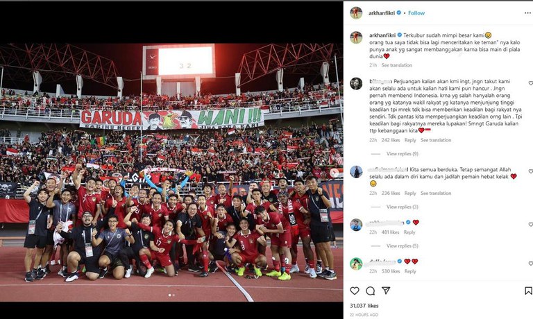 Tangkapan layar dari akun Instagram Arkhan Fikri @arkhanfikri salah seorang pemain Tim Garuda Muda Indonesia yang dipersiapkan untuk mengikuti FIFA U-20, diambil pada 30 Maret 2023. [Instagram @arkhanfikri]
