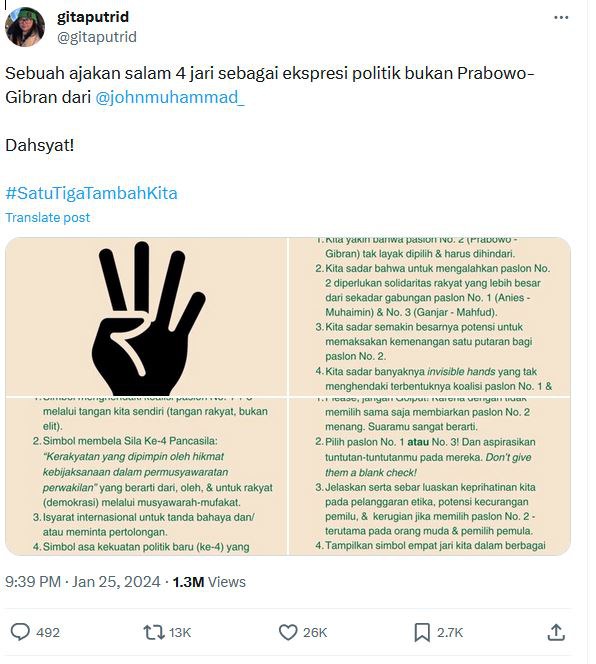 Akun X ini memperlihatkan kampanye Salam 4 Jari yang mengajak netizen untuk memilih pasangan calon 01 (Anies Baswedan-Muhaimin Iskandar) atau 03 (Ganjar Pranowo-Mahfud MD) asalkan bukan paslon 02 (Prabowo Subianto – Gibran Rakabuming Raka) dalam Pemilihan Presiden 14 Februari 2024. [@gitaputrid via X]