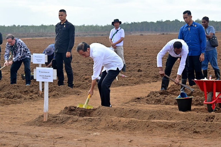 Presiden Joko “Jokowi” Widodo saat itu berpartisipasi dalam upacara penanaman tebu di Kabupaten Merauke, Provinsi Papua Selatan, 23 Juli 2024. [Biro Pers Kepresidenan Indonesia/Muchlis Jr]