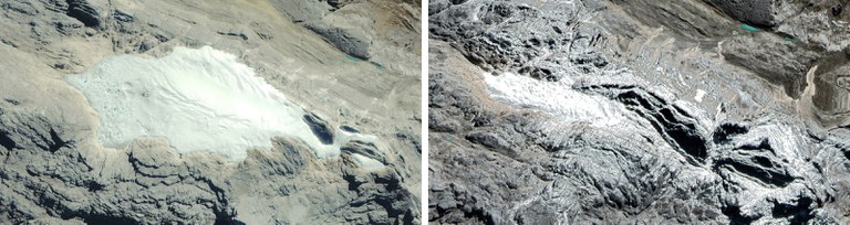 Tampilan gletser di Puncak Jaya di Papua pada Juni 2002 (kiri) dan Juni 2022. [Maxar Technologies]