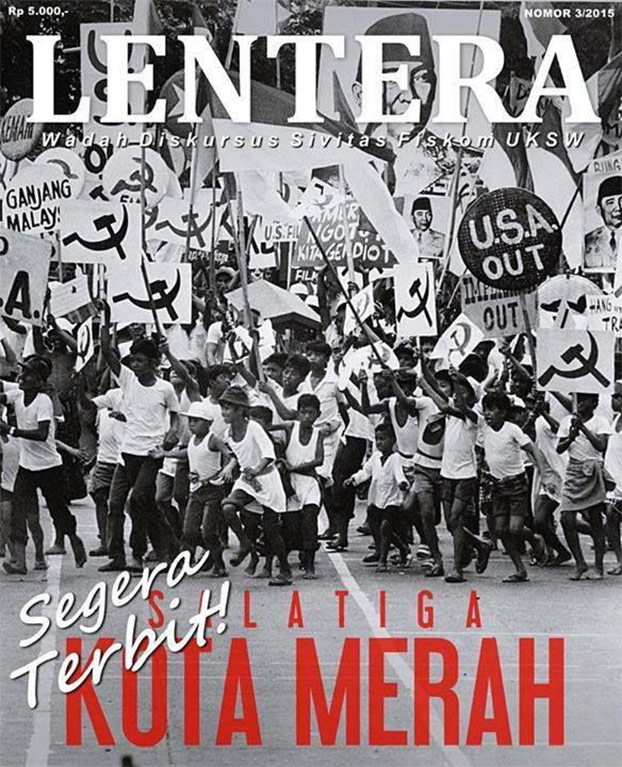 Iklan Majalah Lentera edisi 9 Oktober 2015 memuat sampul majalah dengan laporan utama investigasi tragedi 1965 di Salatiga dan gambar palu arit. (Dok. Majalah Lentera)