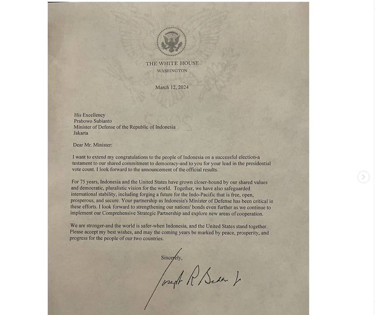 Surat dari Presiden AS Joe Biden yang diunggah di akun Instagram Prabowo Subianto. [Prabowo Subianto via Instagram]
