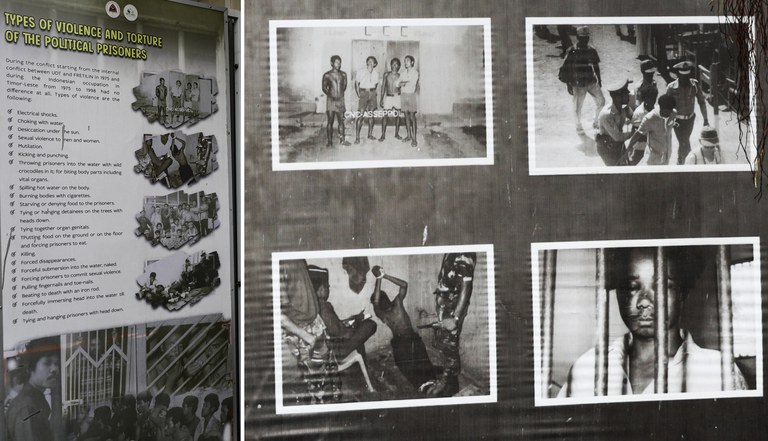 Foto kombinasi ini dipasang di Museum Centro Nacional Chega! di Dili yang menjadi saksi masa kelam Timor-Leste di bawah pendudukan Indonesia. Foto diambil pada 3 April 2024 [Julião Fernandes Guterres/BenarNews]