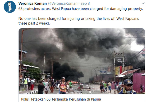 Salah satu cuitan Veronica Koman mengenai Papua dalam twitternya pada 3 September 2019. [@VeronicaKoman]