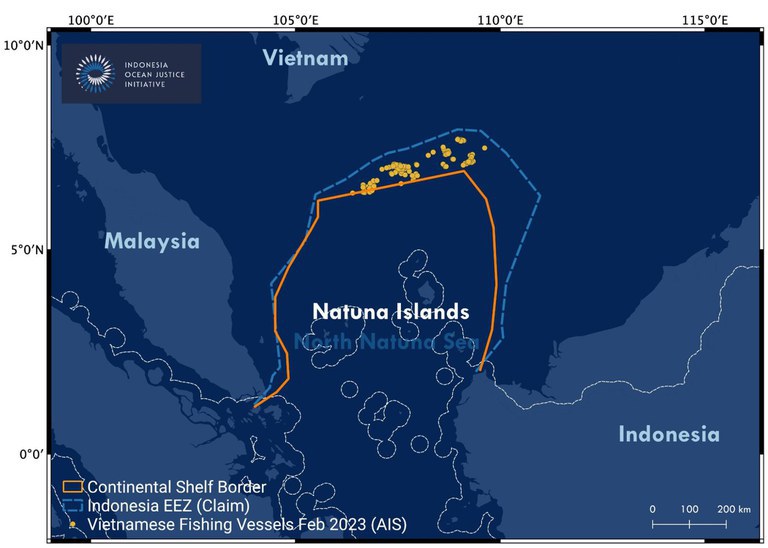 Sebanyak 155 kapal penangkap ikan Vietnam terlihat di Zona Ekonomi Eksklusif Indonesia yang diklaim secara sepihak, Februari 2023 [Indonesia Ocean Justice Initiative]